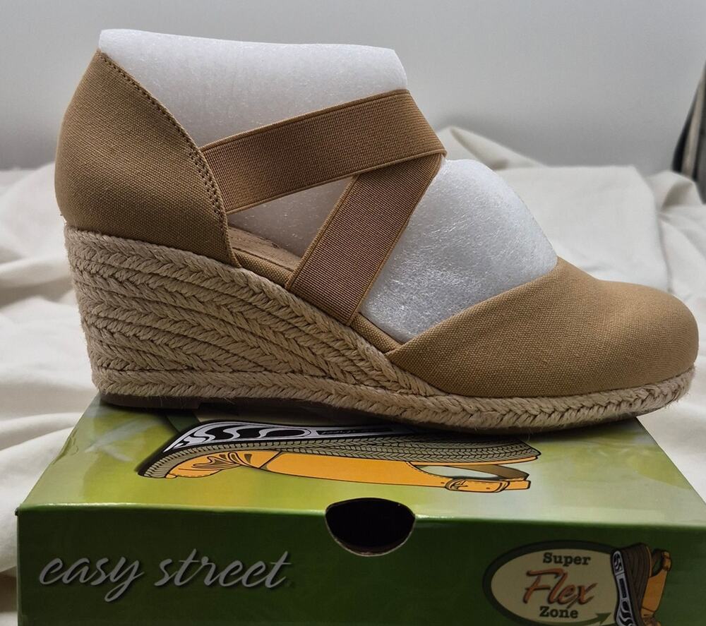 NEW Easy Street Pari Natural Canvas Elastic Strap Espadrille Wedge Sandal   12 W